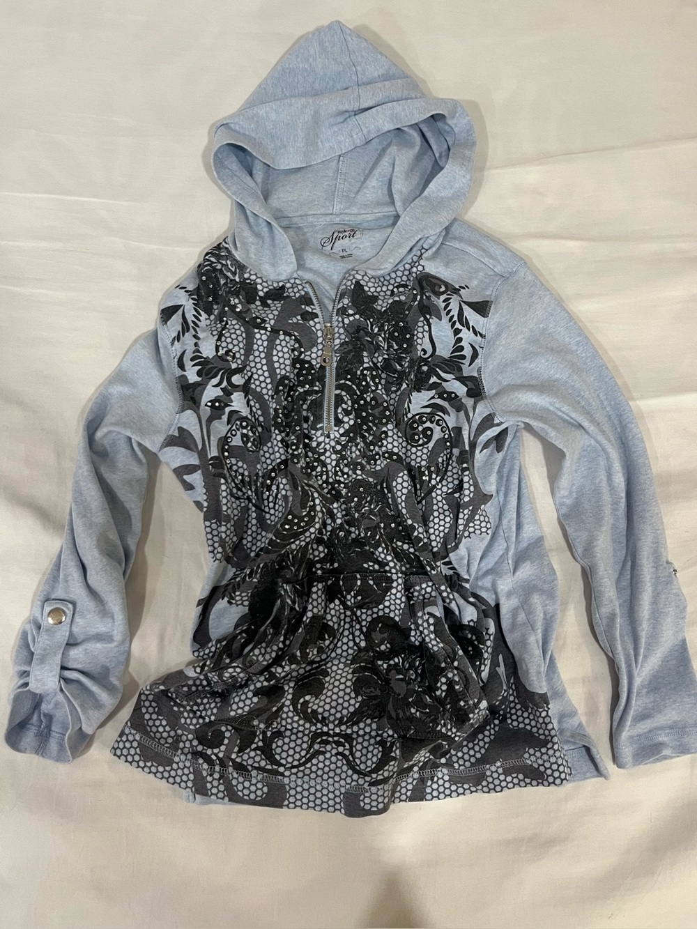 Y2K Style&co. Sport Women's PL 1/4 Zip Hoodie Light Blue Black Rhinestone